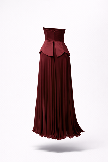 Bordo Straplez İnci Detaylı Pliseli Abiye Elbise